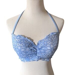 Victoria's Secret The Getaway Halter Blue Floral Lace Bikini Top 34D Cottagecore